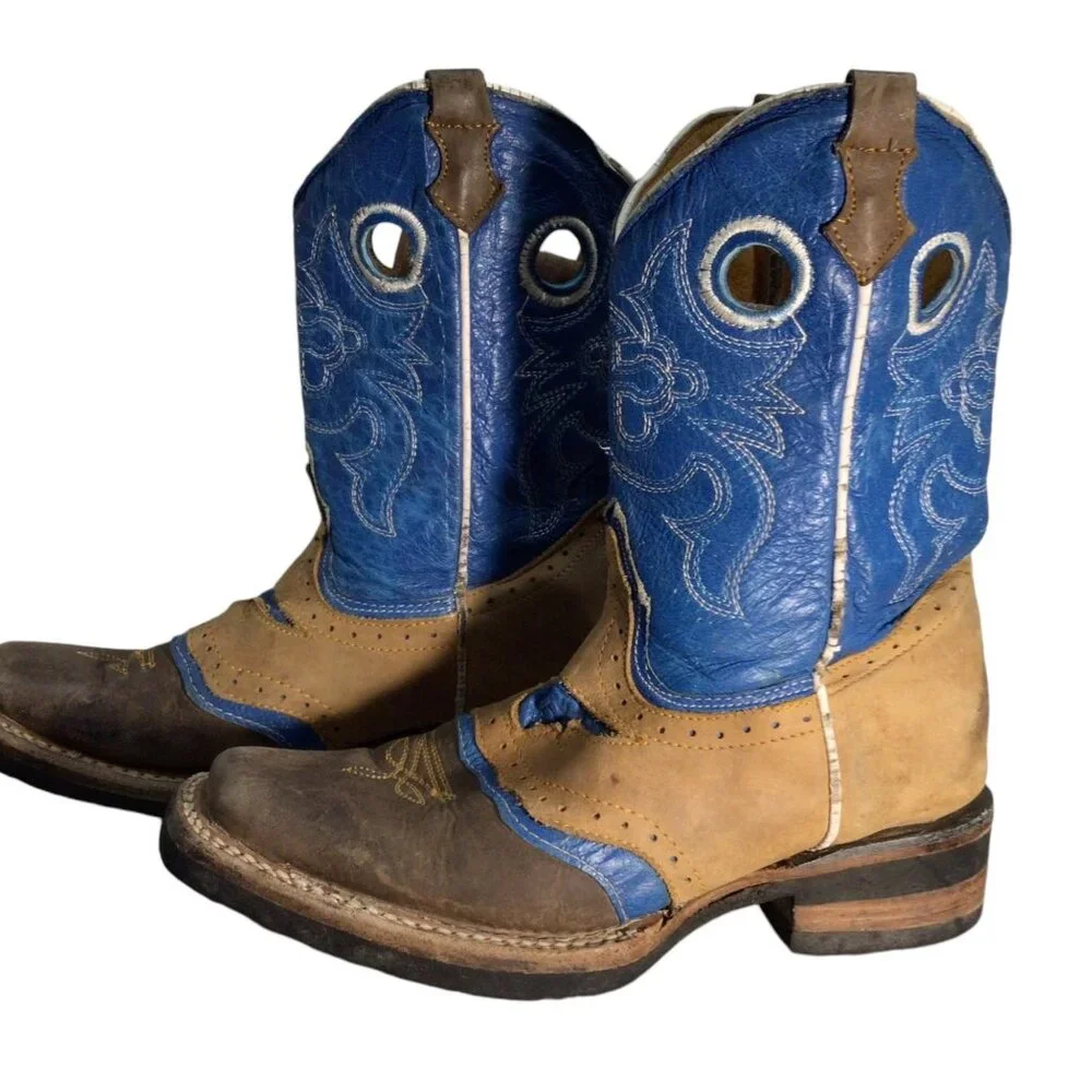 Potro Rebelde Handmade Quincy Cowboy Boots Kids 1 MEX 21 Snip Toe Rodeo Blue Tan